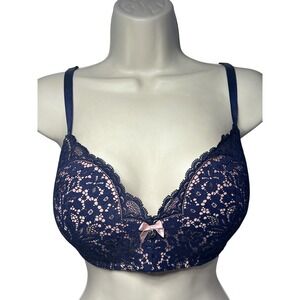 Hunkemoller Bra Womens 38D Navy Pink Floral Lace Underwire Lightly Lined T Shirt